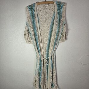 Chicos Cream 100%Linen Crochet Open Front Cardigan Size 1 Dolman Short Sleeves